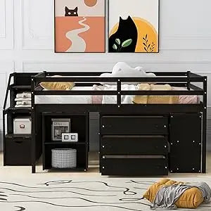 Playful Design Full Size Low Loft Bed with Slide and 3 Storage Drawers, Multiple Functions Wooden Loft Bed Frame with 2 Doors fo