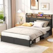 LED Queen Size Bed Frame with Storage Drawer and Charging Station
