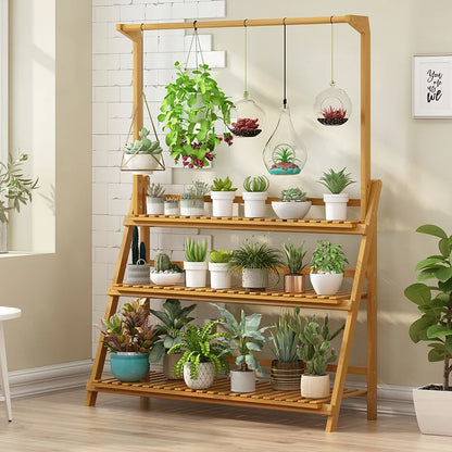 3 Tier Folding Bamboo Hanging Plant Stand Pot Shelf Stand Rack Indoor Outdoor Multi Use Greenhouse