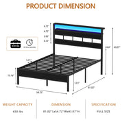 Satifur Full/Queen Size Bed Frame with LED Light and Charging Station, Wood Storage Headboard with 2-Tier Shelves,Metal Platform