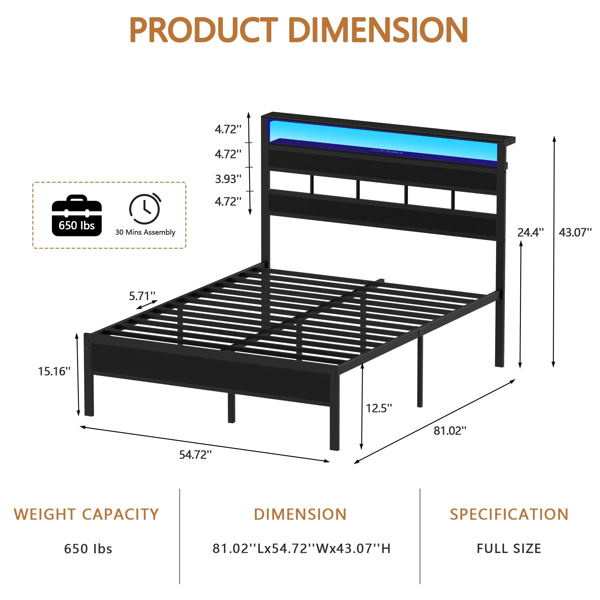 Queen Size Bed Frame with LED Light and Charging Station, Wood Storage Headboard with 2-Tier Shelves,Metal Platform
