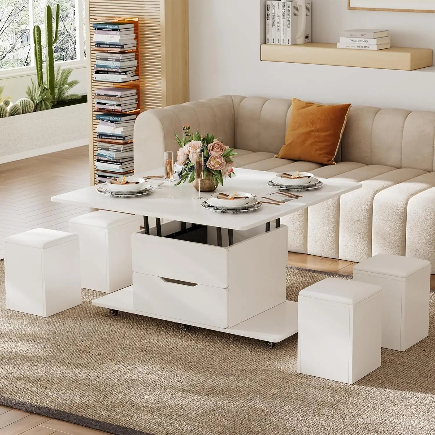 FurnishSpot Natural Lift-Top Coffee Table with Hidden Storage | 3-in-1 Multifunction Center Table with 4 Stools