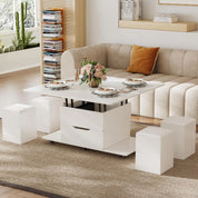 FurnishSpot Natural Lift-Top Coffee Table with Hidden Storage | 3-in-1 Multifunction Center Table with 4 Stools
