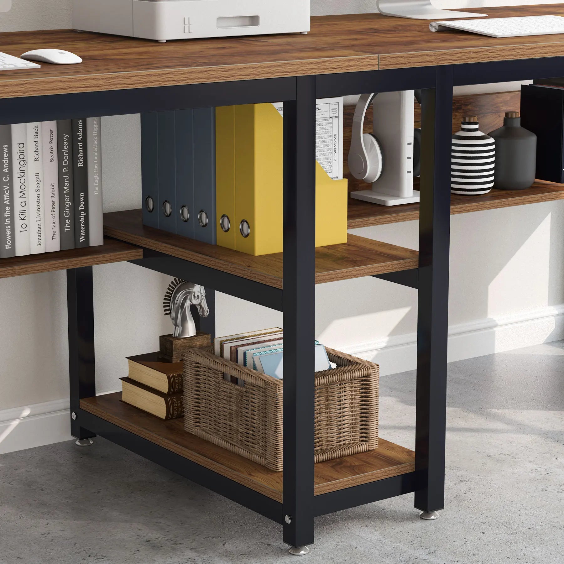 FurnishSpot® Wooden Computer Desk with Storage Cabinet – Mahogany Finish