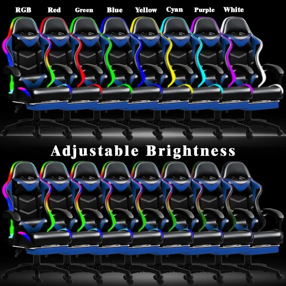 Racing Style RGB LED Lights Gaming Chairs for Adults and Kids with Lumbar Massager