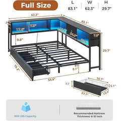 DICTAC Full Corner Bed Frame with Bookcase Storage and Led Lights Metal Platform Bed Frame Full Size with Storage Drawers & Char