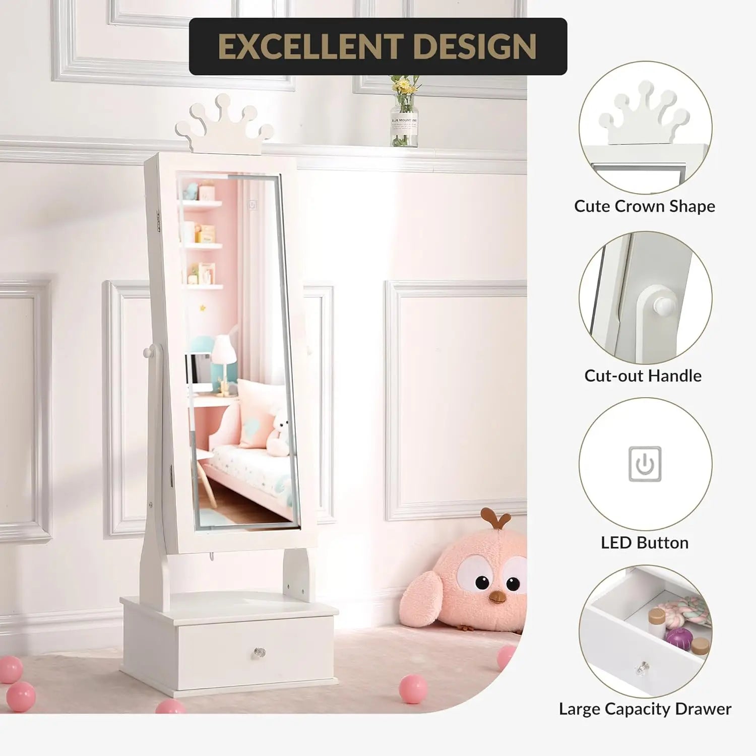 Freestanding Kids Jewelry Armoire with Full-Length Mirror, LED Light & 3 Storage Drawers