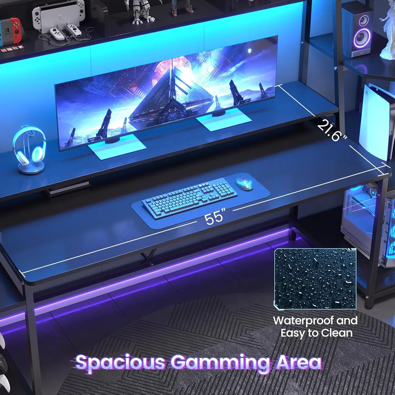 FurnishSpot Multifunctional Gaming Desk with LED Lights, Monitor Stand & Storage Shelves – 55” RGB PC Workstation Desk