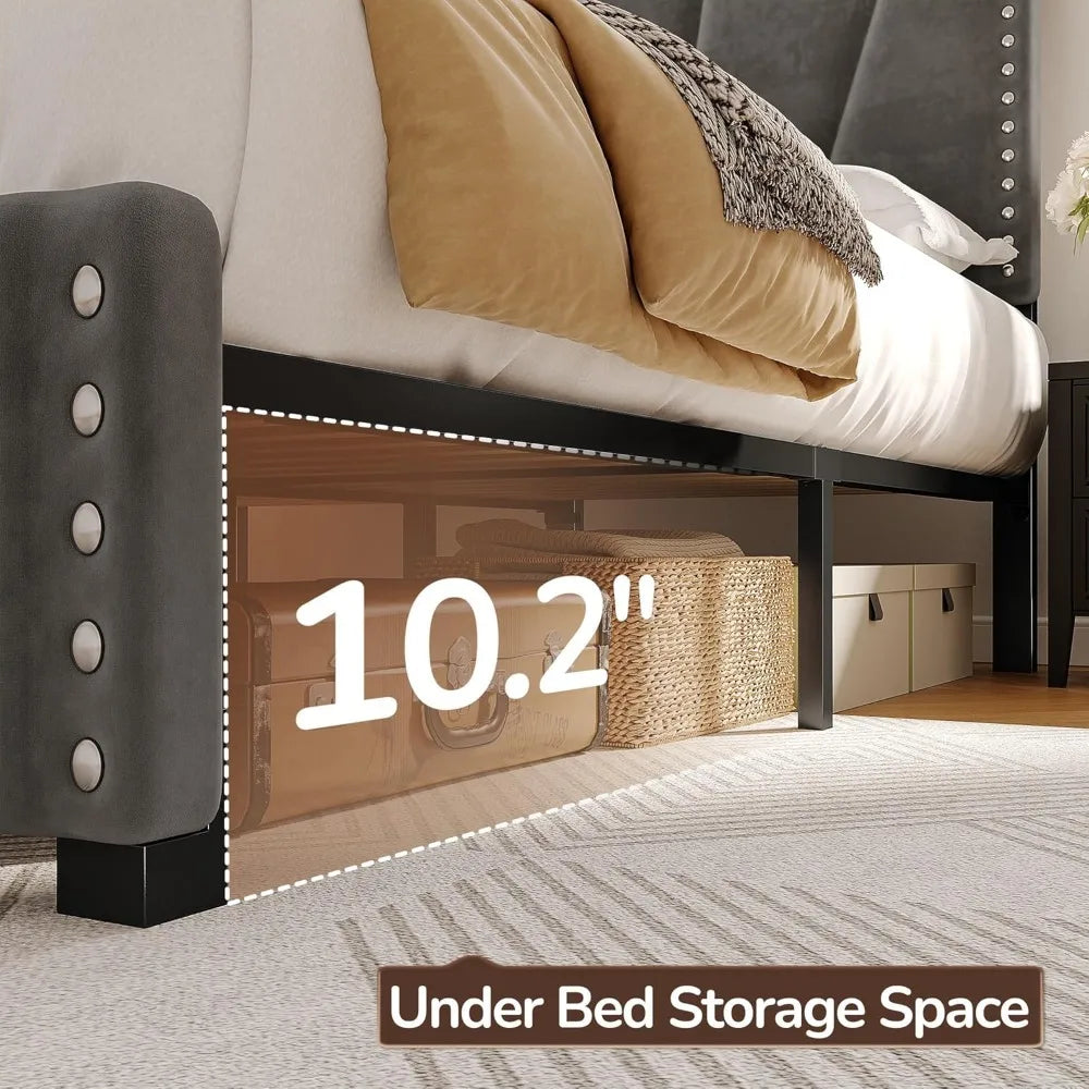 EnHomee King Size Bed Frame with Velvet Headboard and LED Lights, Storage Headboard Platform Bed with Charging Station, Sturdy W