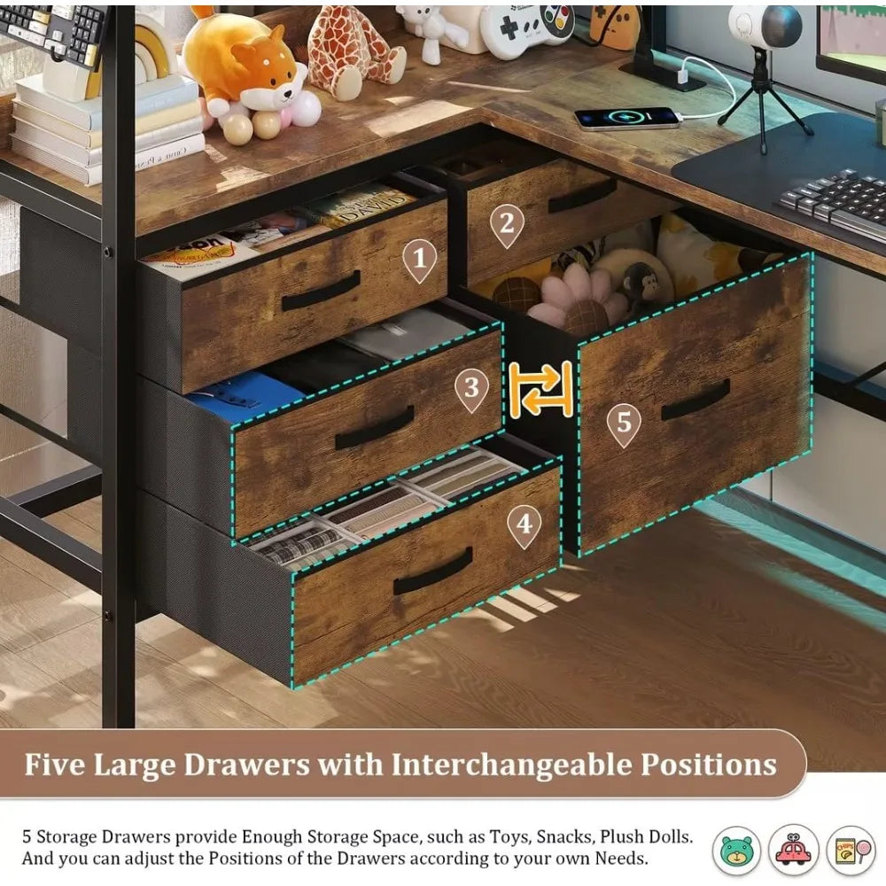 Bunk Bed with Desk Underneath, RGB LED Lights, Charging Station, and 5 Storage Drawer Cabinets