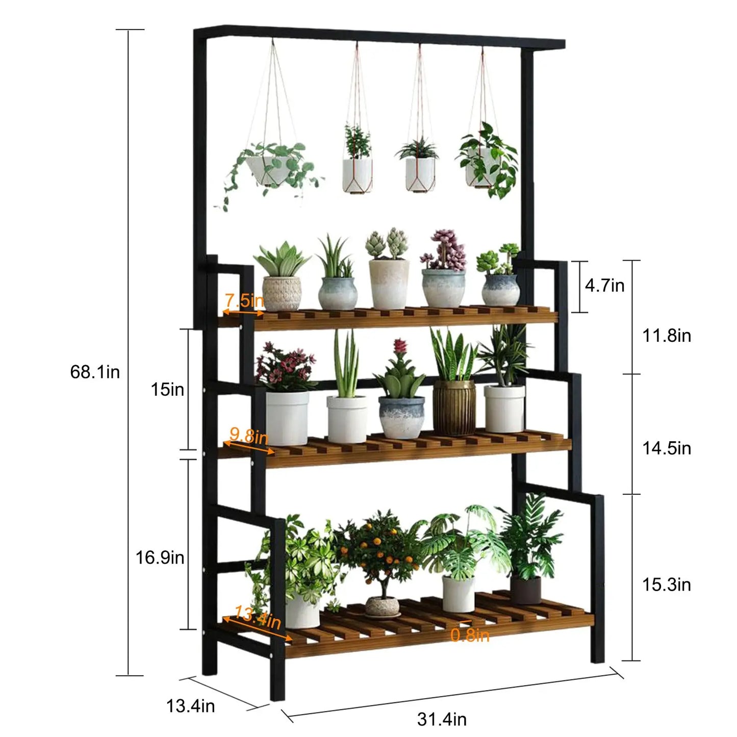 3 Tier Hanging Plant Stand, 68 Inch Tall Indoor Plant Shelves for Multiple Plants Display Wood Plants Shelf with Metal Frame for