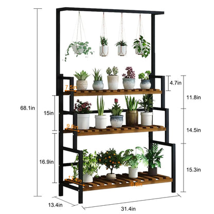 3 Tier Hanging Plant Stand, 68 Inch Tall Indoor Plant Shelves for Multiple Plants Display Wood Plants Shelf with Metal Frame for