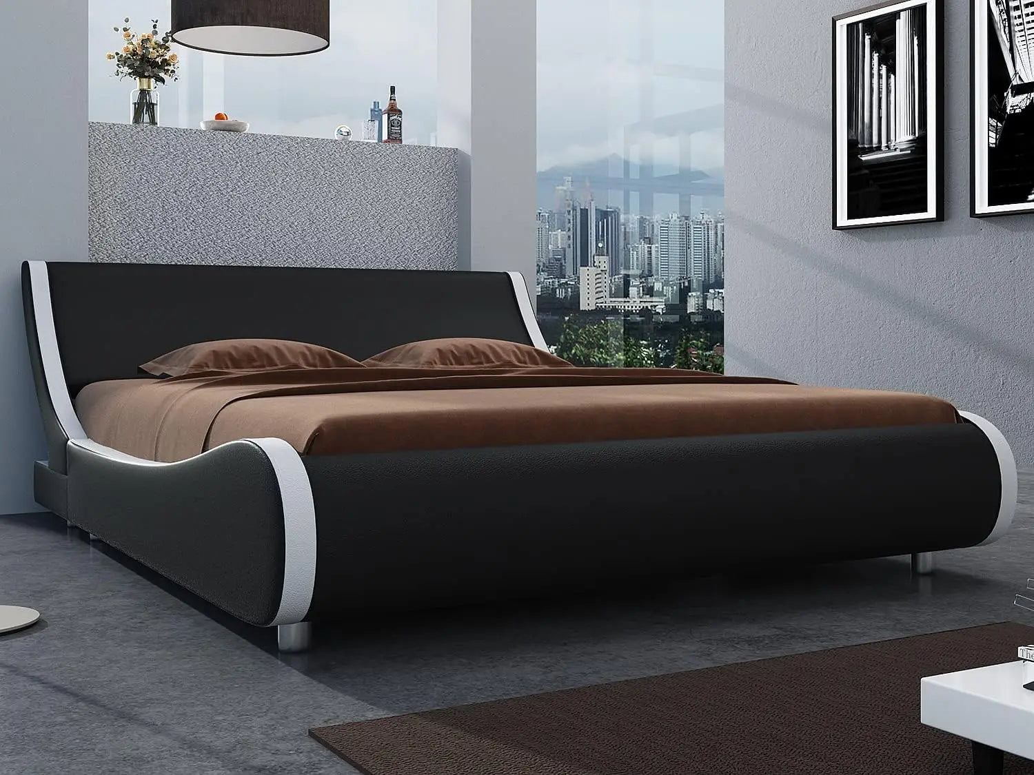 Bed Frame Full Size, Modern Low Profile Platform Stylish Faux Leather Upholstered Sleigh Bed with Adjustable Headboard,Bed Frame
