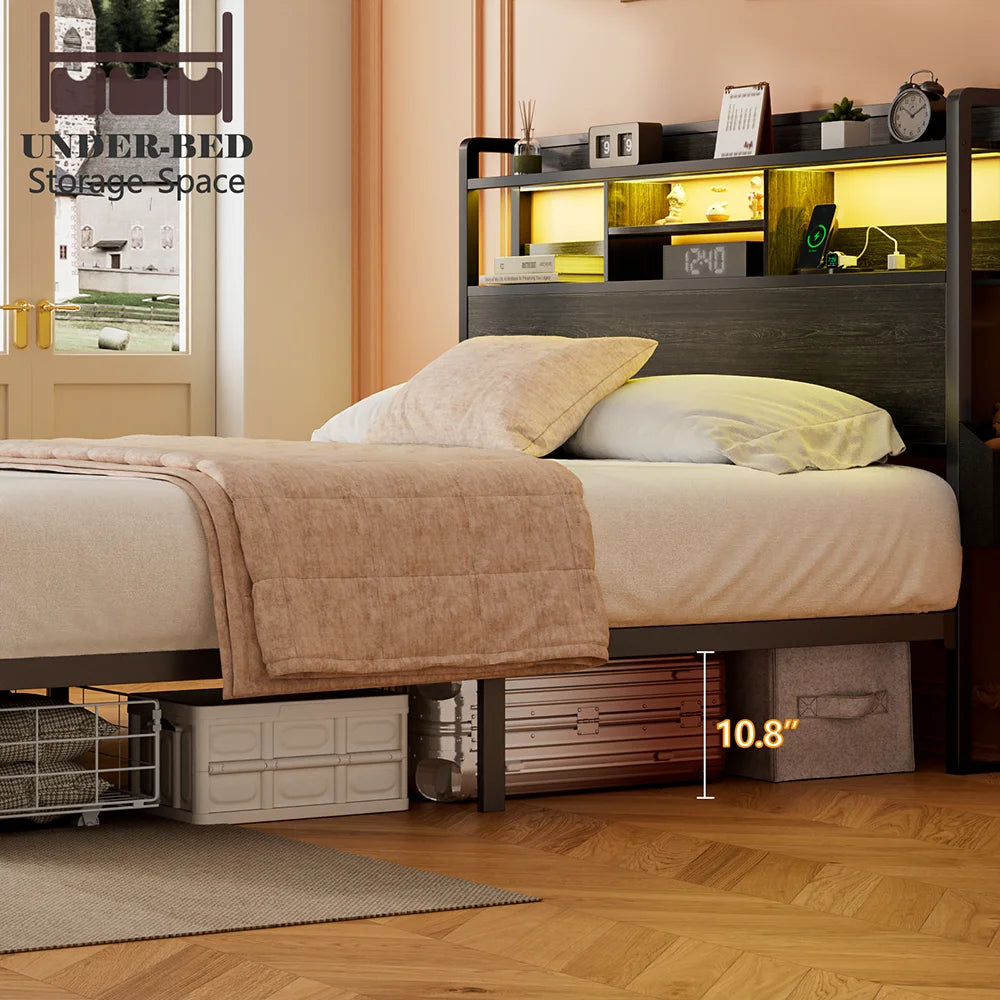Full/Queen Size Bed Frame with Storage Headboard, Metal Platform Bed Frame with Storage Drawers, LED Lights and Charging Station