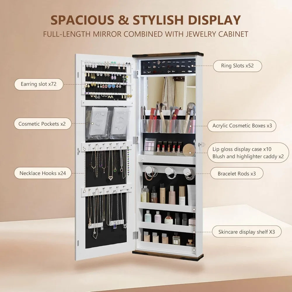 43.5" Hanging Jewelry Armoire with 12 Hollywood Bulbs, Full-Length Mirror & Large Lockable Storage