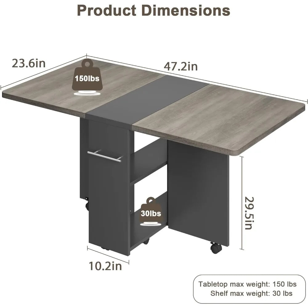 Folding Dining Table, Drop Leaf Dining Table for 4, Foldable Kitchen Table with 6 Wheels and 2 Storage Shelf, Space Saving Tabl
