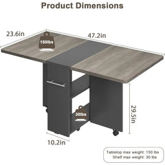 Folding Dining Table, Drop Leaf Dining Table for 4, Foldable Kitchen Table with 6 Wheels and 2 Storage Shelf, Space Saving Tabl