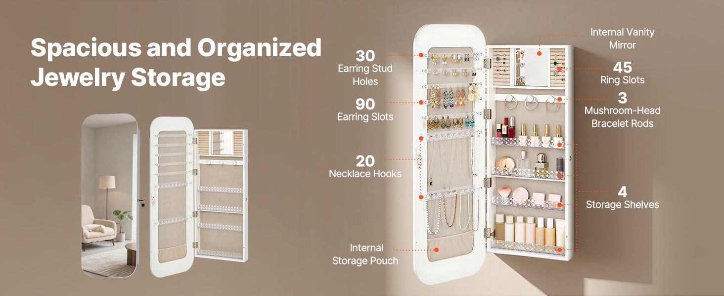 42.5-Inch Lockable Mirror Jewelry Cabinet with Rounded Design & Travel Organizer – White