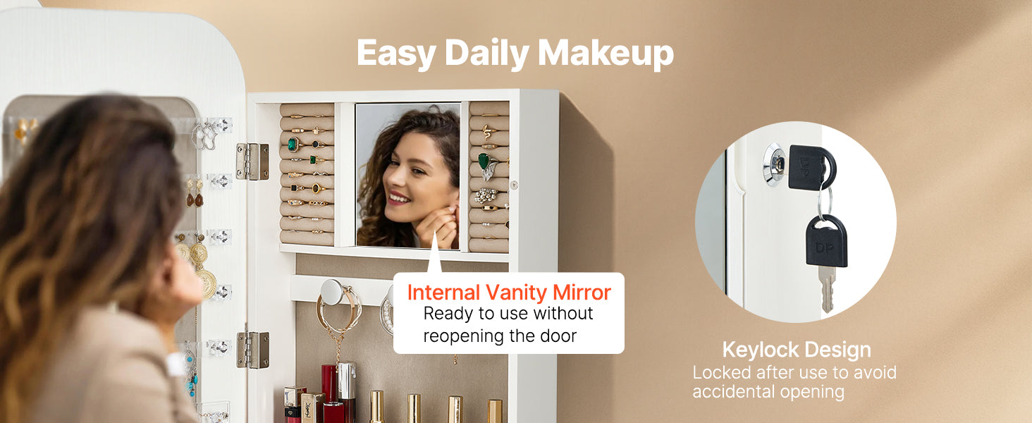 42.5-Inch Lockable Mirror Jewelry Cabinet with Rounded Design & Travel Organizer – White