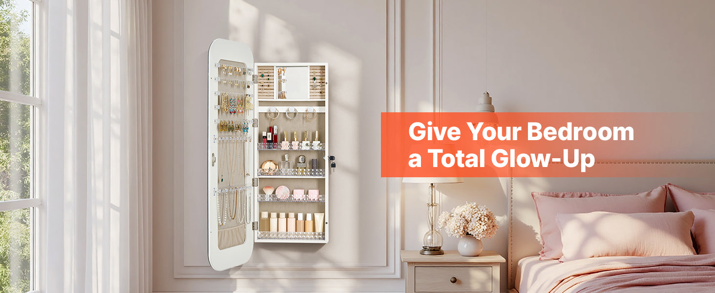 42.5-Inch Lockable Mirror Jewelry Cabinet with Rounded Design & Travel Organizer – White